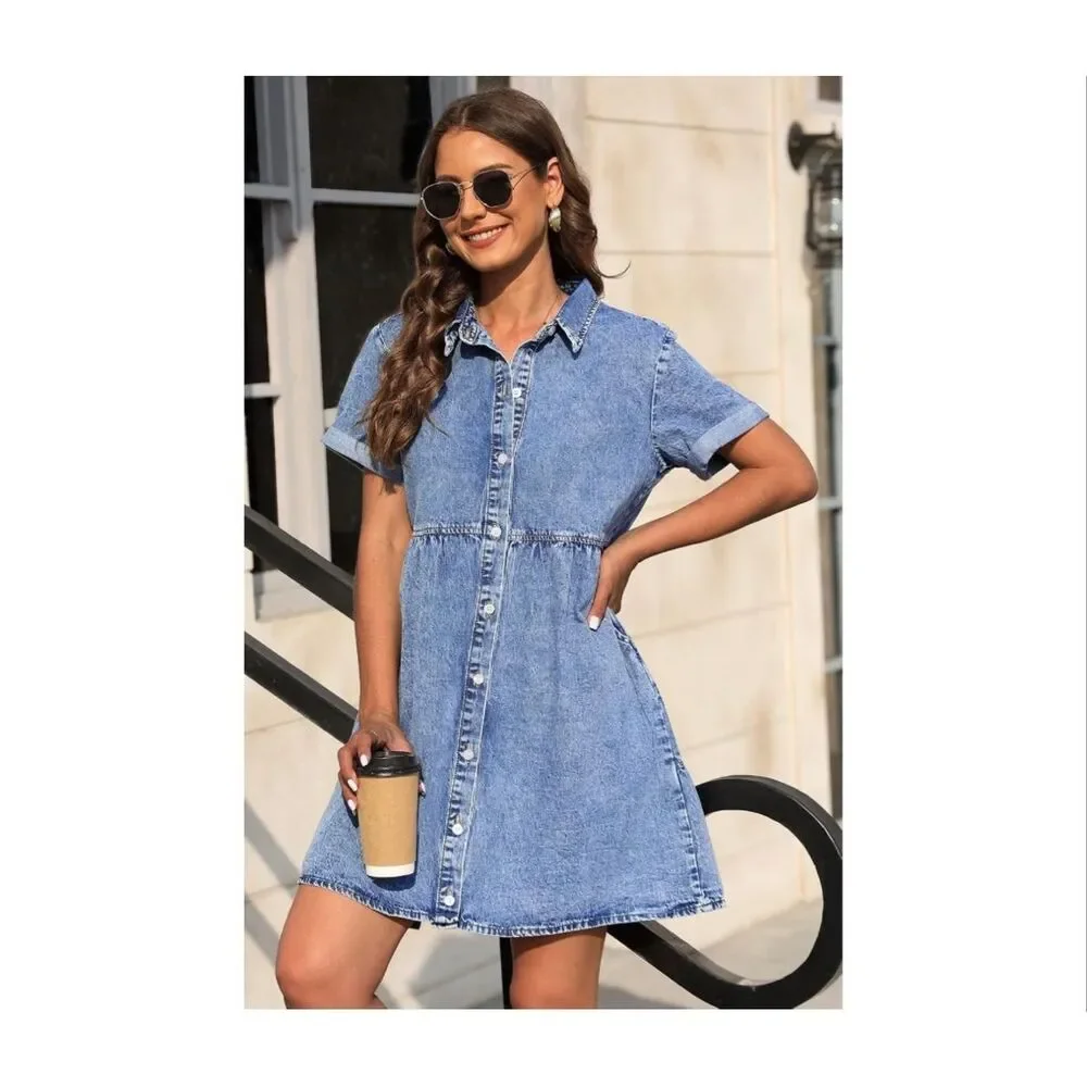 Babydoll Denim Dress with Pockets - Picture 5 of 6